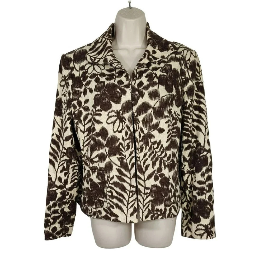 Jones Wear Open Front Blazer Jacket Women Size 16 Brown Cream Floral One Hook